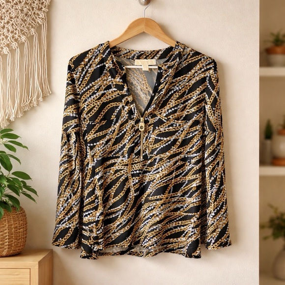 Michael Kors Tops - Michael Kors Black and Gold Chain Print Blouse - L